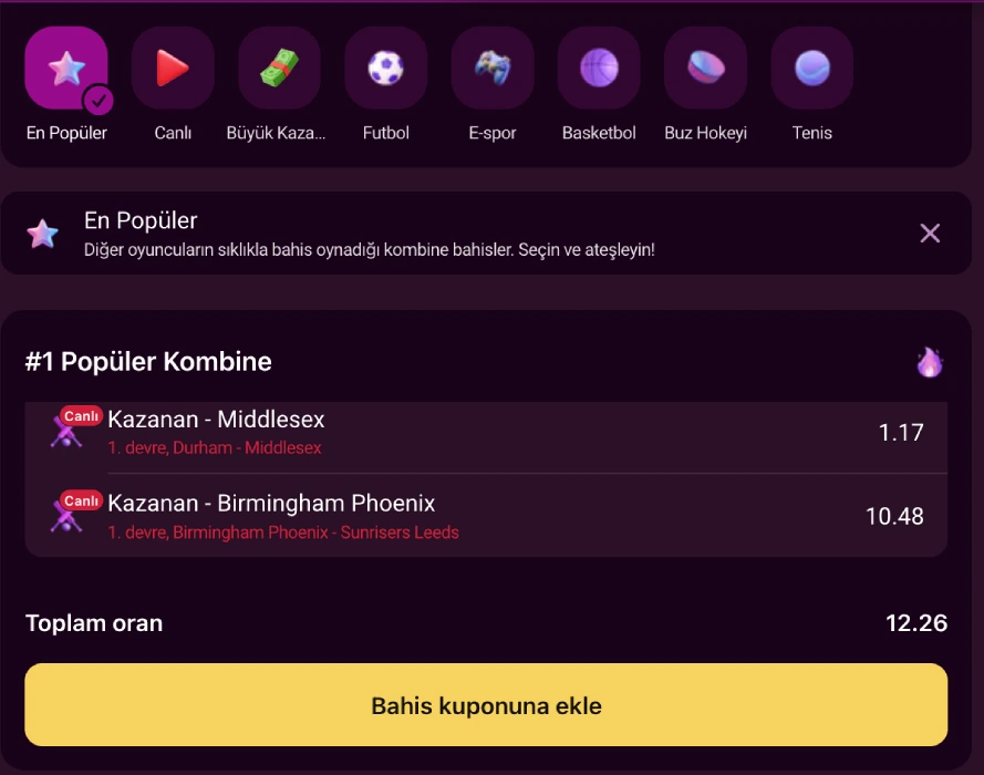 Luks Gazino Popular Combo slip screen with two live selections, total odds and an Add to bet slip button